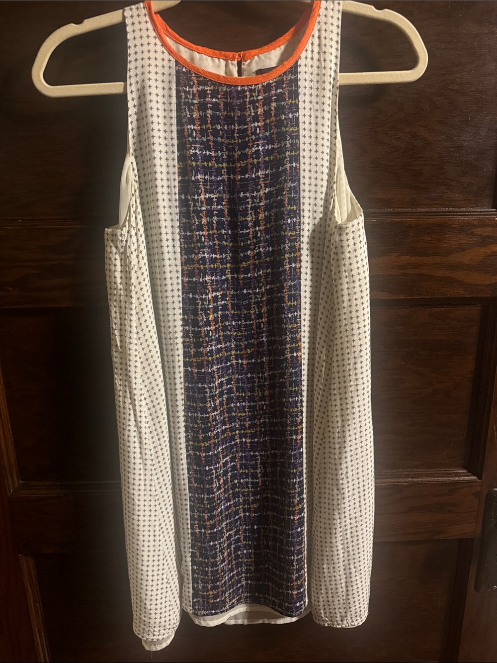 THML White Shift Dress with Navy Print Center and Orange Trim